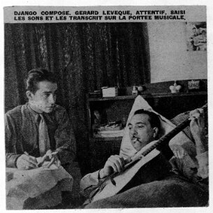 Django Reinhardt dans son lit dictant un arrangement à Gérard Leveque null